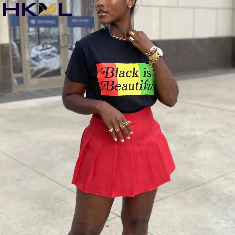 

Women Mini Skirt Set Letter Printed Round Neck Short Sleeve Pullover T Shirt & Pleated Solid Color Skirt Two Piece Set