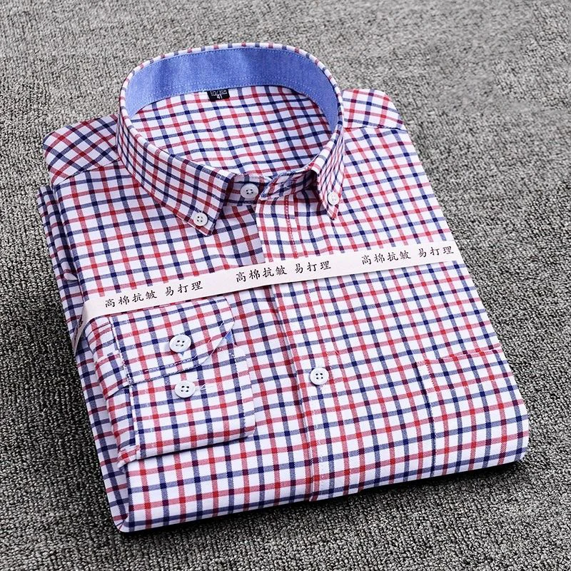 Mens Striped Plaid Oxford Long Sleeve Shirt Spinning Casual Comfortable Breathable Collar Button Design Slim Male Business Dress | Мужская
