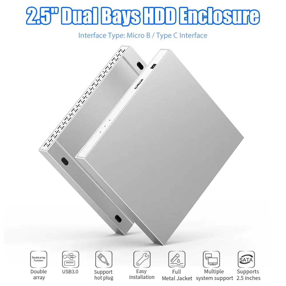 

External HDD Enclosure 2 Bay 2.5 Inch 5Gbps Raid 4 Modes Metal SSD for Windows for Mac Linux Micro-B
