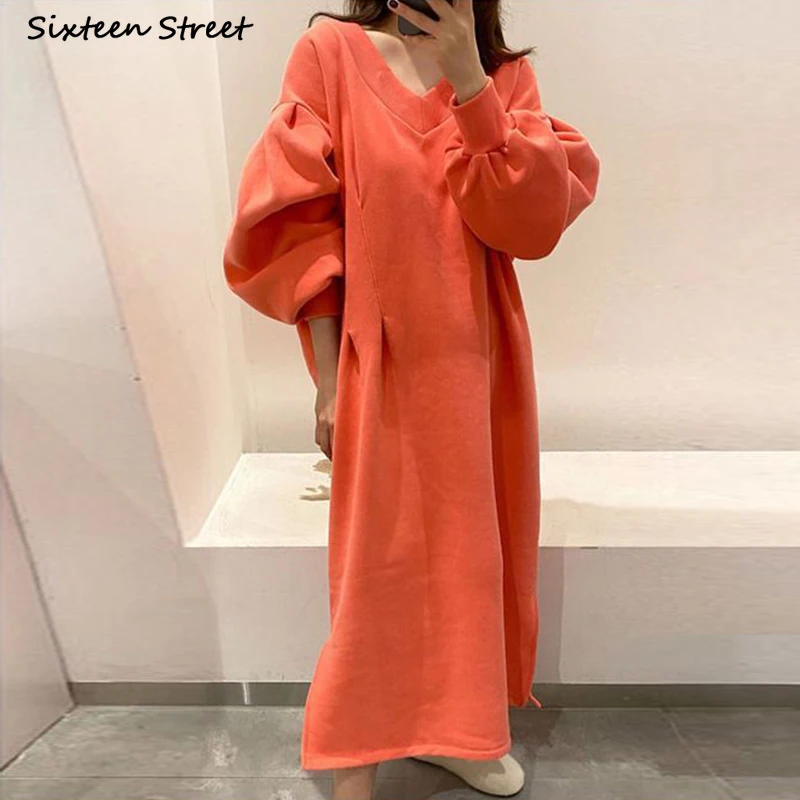

Chic Orange Sweater Dress for Women Autumn 2021 Oversized V-neck Apricot Dresses Vestido Korean Fashion Winter Clothing