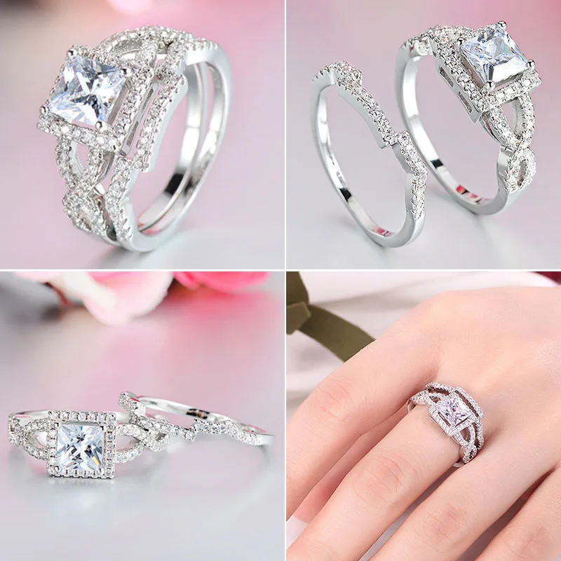 

Milangirl 2 Pcs/Set Silver Color Hollow White Cubic Zircon Rhinestone Crystal Metal Female Ring for Women Ladies Party Jewelry