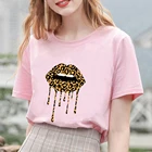 Женская одежда, футболка с леопардовым принтом губ, футболка с коротким рукавом, Harajuku, женские эстетические футболки, Ulzzang, топы, повседневные женские футболки