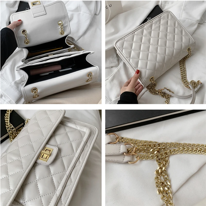 

Designer Brand Quilted Chain Messenger Bags For Women Fashion Turn Lock High Quality Soft PU Leather Shoulder Crossbody Bag 2021