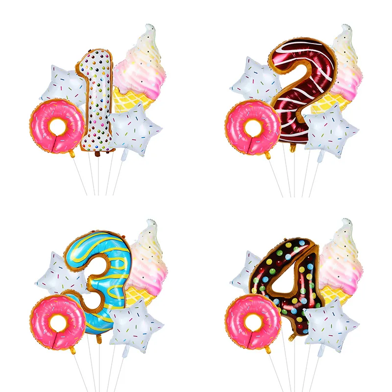 

5pcs/lot Donut Ice cream Birthday Balloons Set 40inch Number Foil Balloon Air Baloon Kids 1st 2nd 3rd Birthday Decor globos