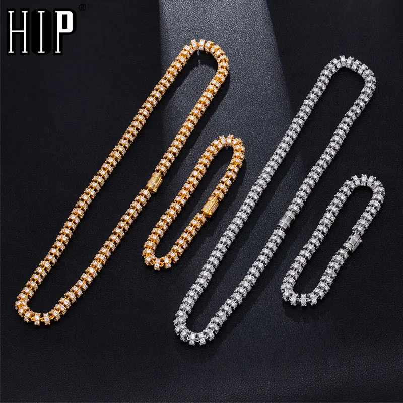Hip Hop 6MM Set Bling AAA CZ Cubic Zirconia Iced Out Round Link Chain Necklace Bracelet For Men Women Rapper Jewelry 18''-24''
