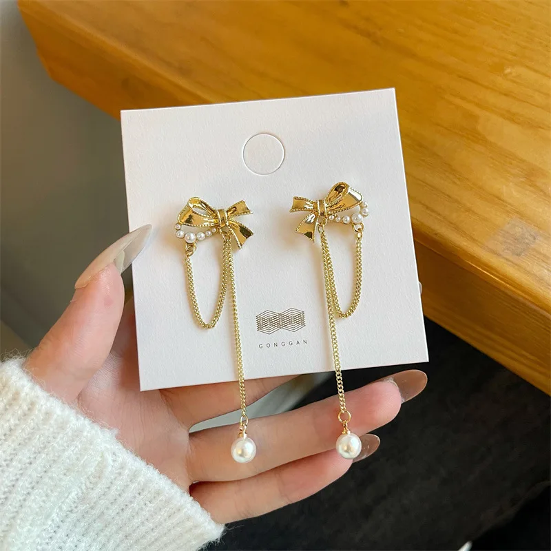 

High Temperament New Bowknot Clip on Earrings Women Pearls Tassel Long Earrings