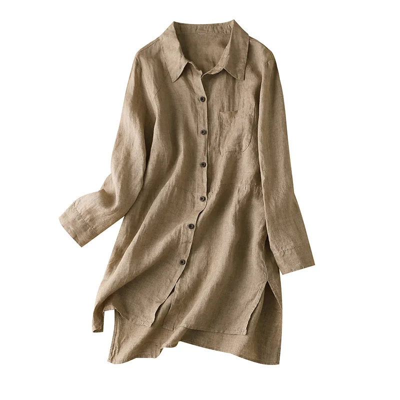 Женская длинная рубашка из 100% льна Повседневная однотонная блузка с длинными