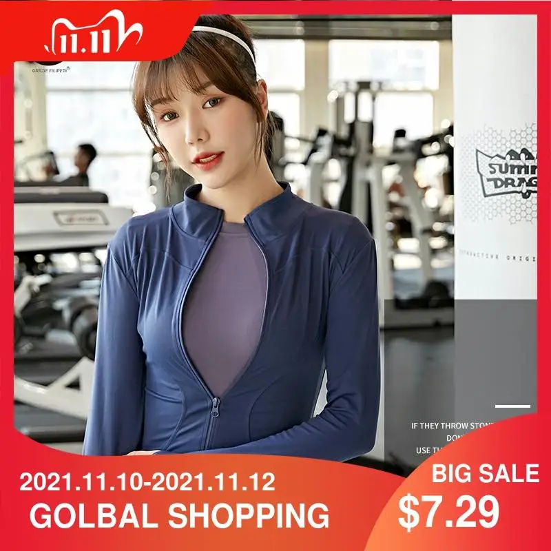 

COMMUTER Long Sleeve Yoga Shirts Women Zipper Tight Fitting Breathable Stand Up Collar Sports Tops For Workout Roupas Femininas