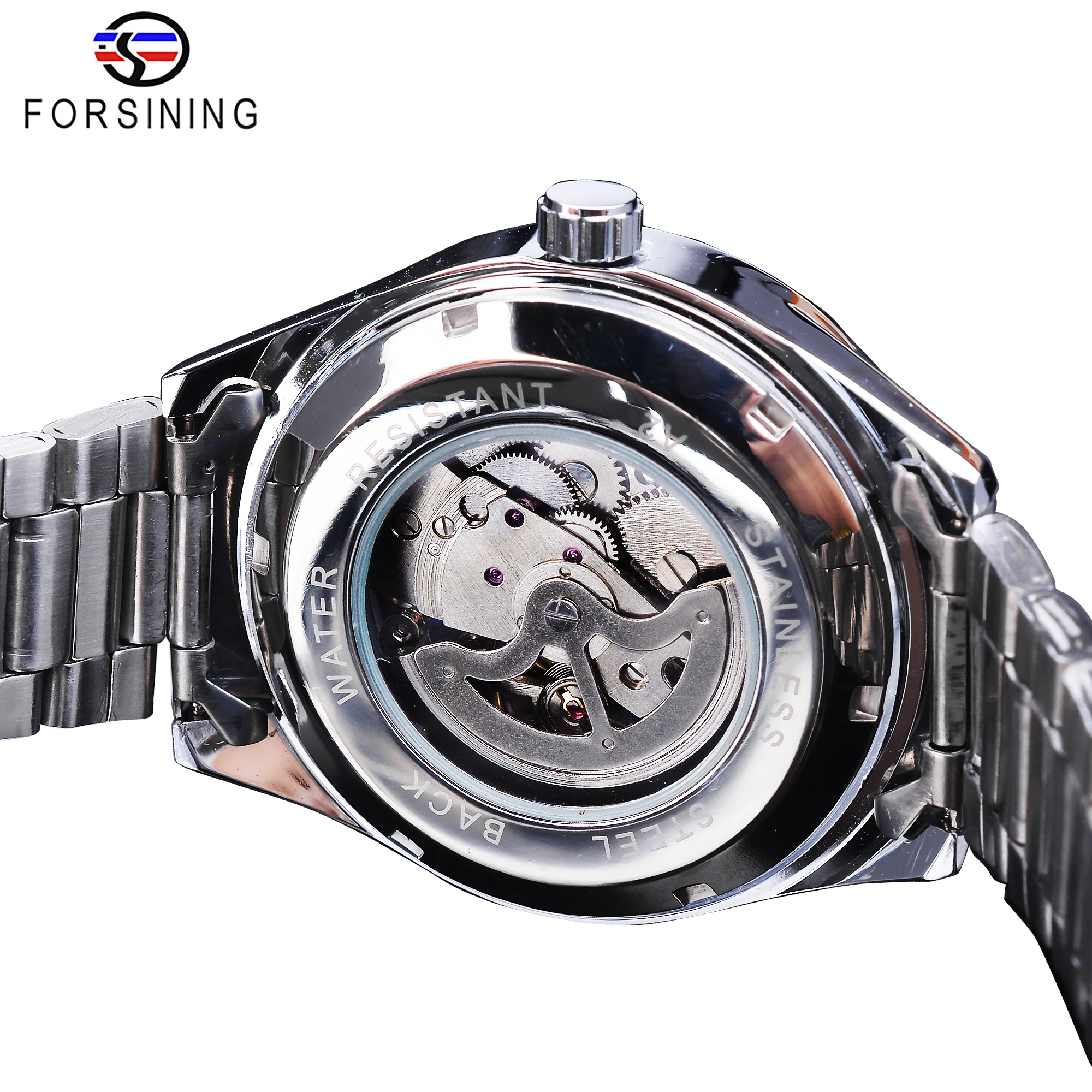 Winner Blue Light Glass Design Black Silver Automatic Watch Business Stainless Steel Band Waterproof Luminous Mechanical | Наручные часы