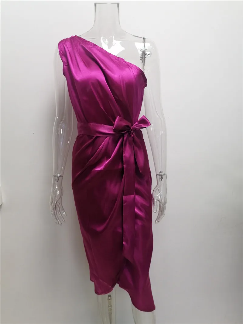 

Sexy One Shoulder Ruched Party Dress Elegant Women Satin Soft Solid Sleeveless Knee Length Night Club Office Lady Dress PR485M