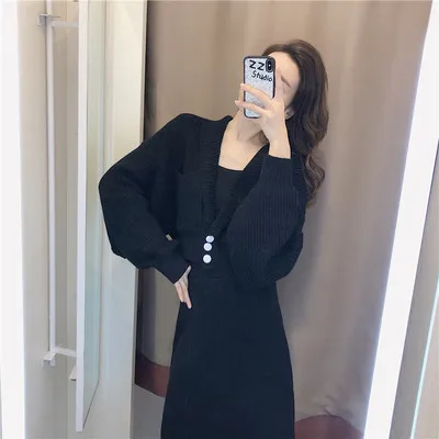 

Comelsexy 2020 Autumn Knitted 2 Piece Set Women Long Sleeve V Neck Sweater Elastic Waist Knitted Skirt Female Sweater Suit