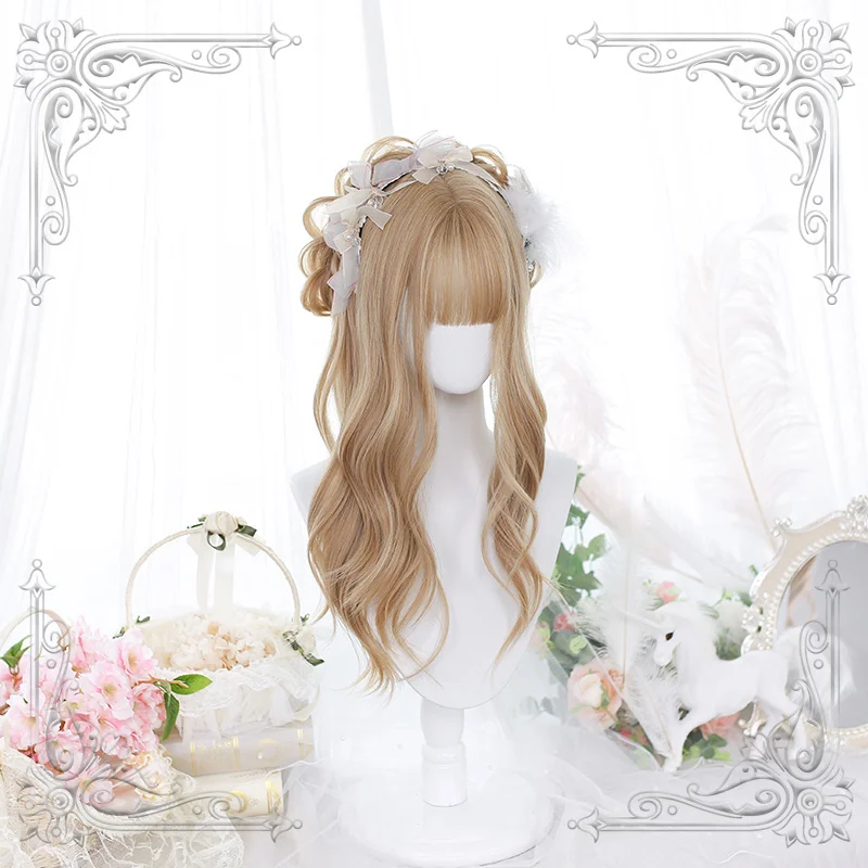 

Long Wavy Bangs Female Lolita Wig Women Golden Slight Curly Wigs Cosplay Party