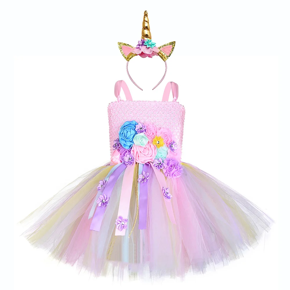 Dress with Headband1 Платье принцессы с цветочным узором для девочек; Рождественский костюм феи с единорогом; повязка на голову с крыльями; платье для дня рождения с единорогом; однотонное розовое платье-пачка - Цвет: Dress with Headband1