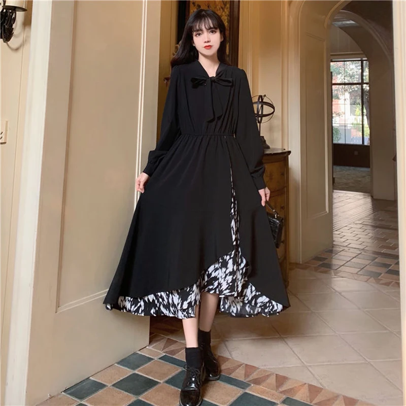 

Spliced Hit Color Tie Dye Print Women Dresses 2022 French Romantic Bow-knot Tunics Elegant Lady Office Oversized Clothing Black