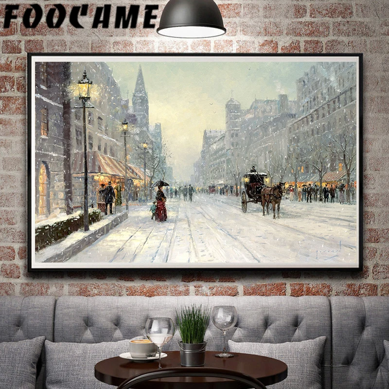Томас Кинкейд снег уличный светильник карета городской пейзаж картины