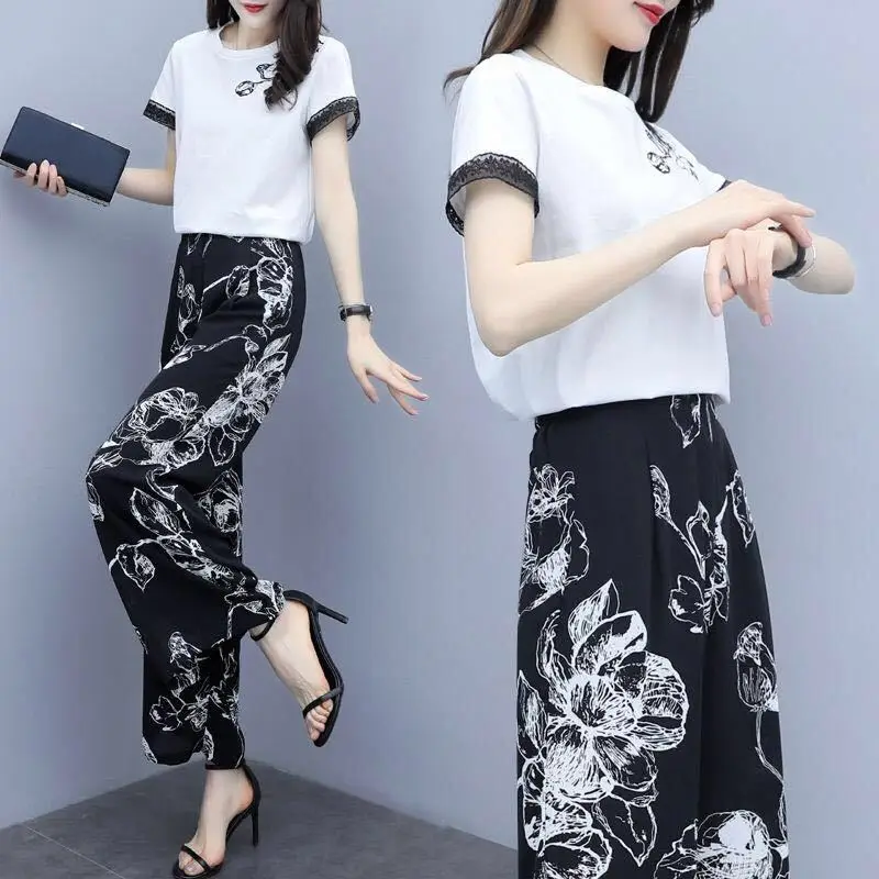 

2021 Summer New Style Women Casual Fashion Short Sleeve O-neck Top + High Waisted Wide Legs Pants Print Two-piece Suit Y685