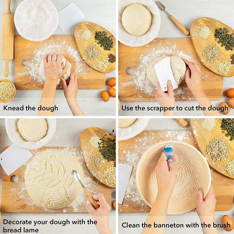 

Banneton Proofing Basket Artisan Bread - Set of 3 Dough Rising Handmade Rattan Bowl with Linen Cloth Bread Lame Scraper Brush Ba