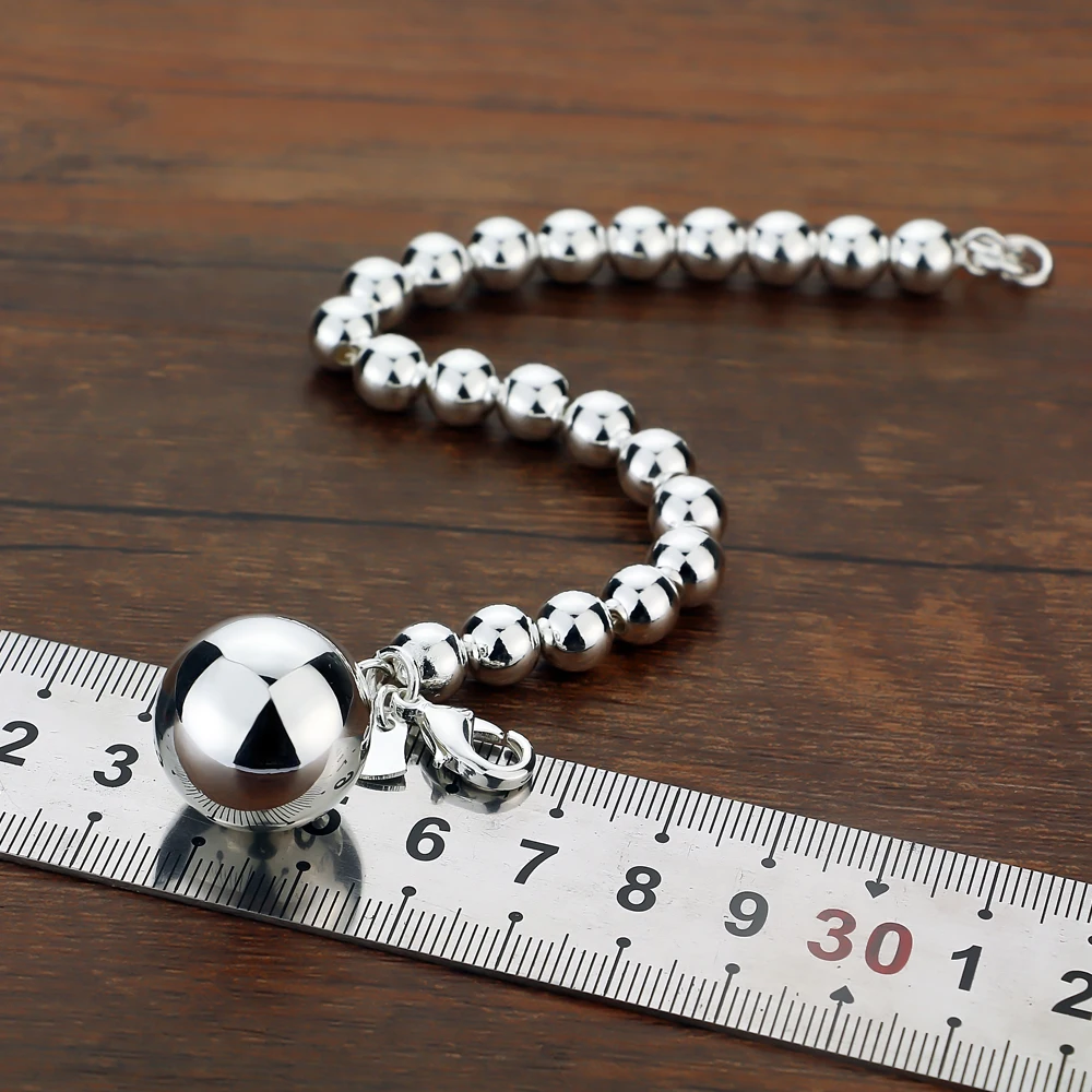 Женский браслет из серебра 100% пробы с круглыми бусинами 6/8/10 мм | Украшения и