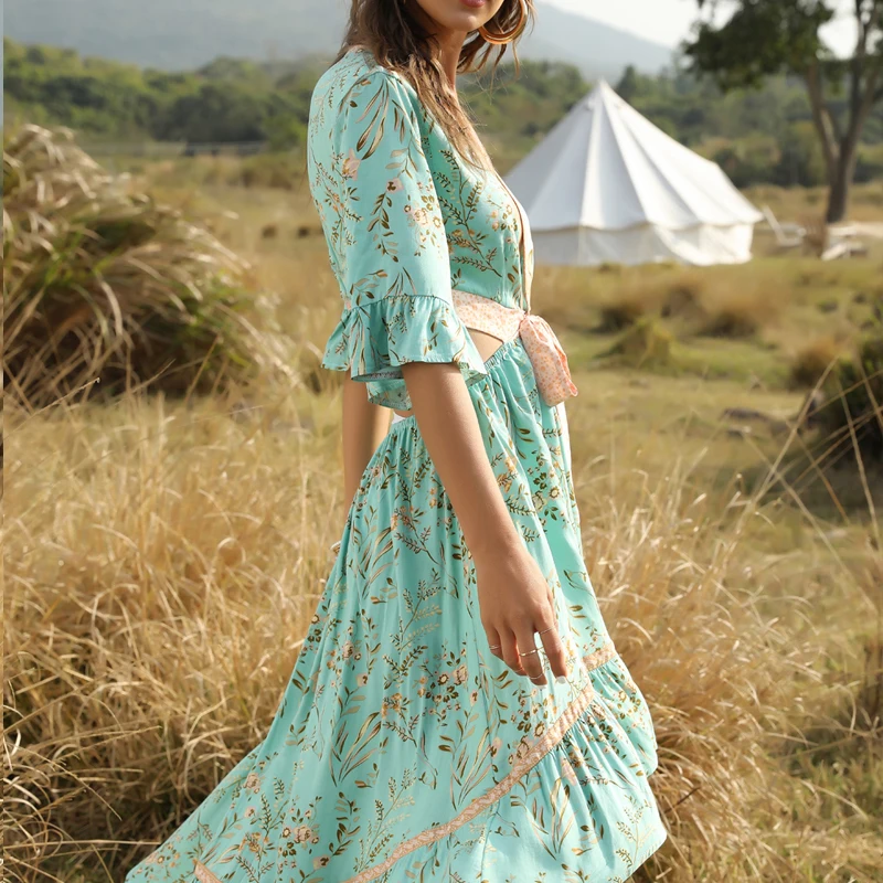 

Summer Maxi Dress For Women V Neck Sexy Party Dress Cut Out Floral Print Clothing Dress 2021 Spring Retro maxi dresses for women