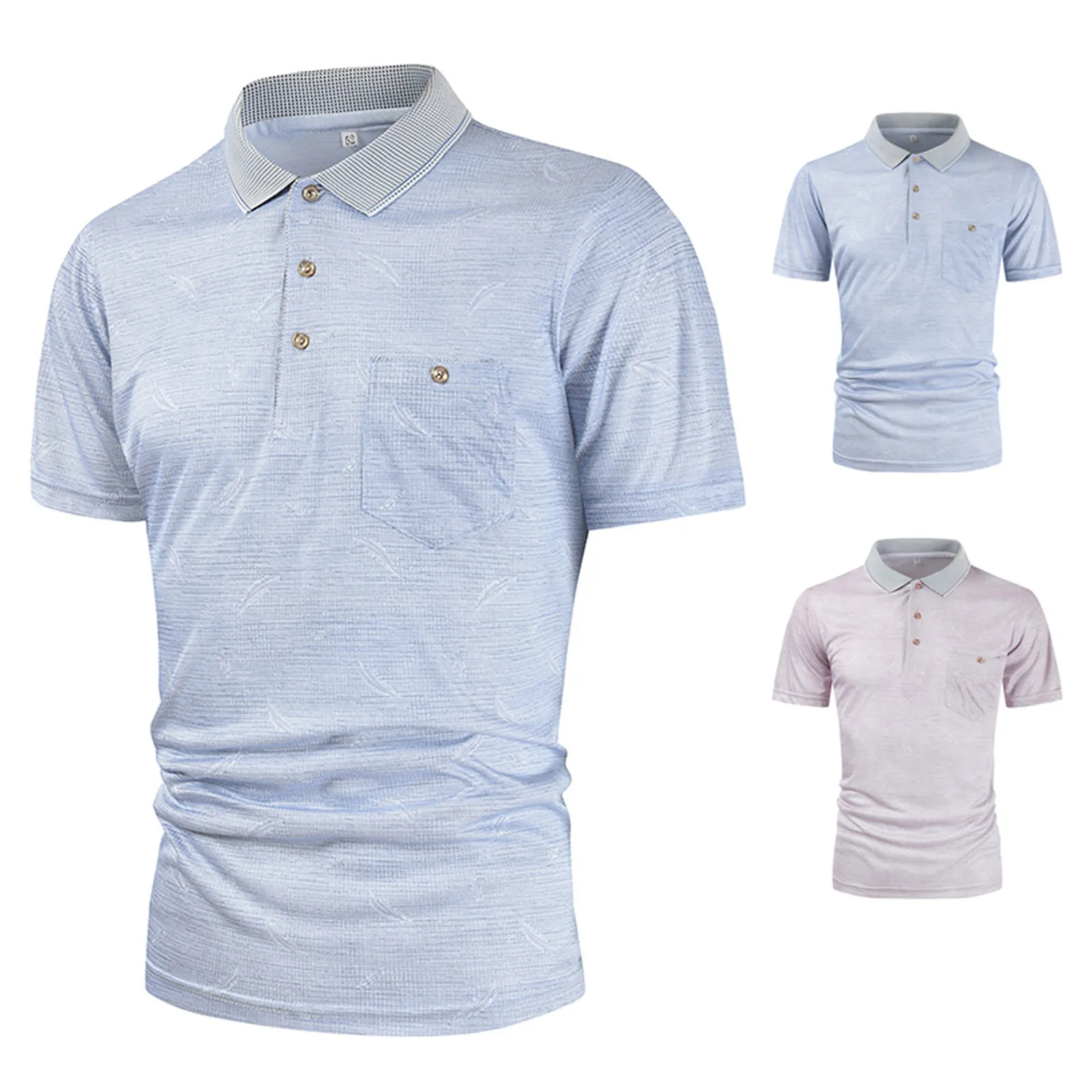 

56# Mens Casual Button Turn-down Collar Blouse Stripe Print Pocket Polos Shirt High Quality Turn-down Collar Men Slim Polo Shirt