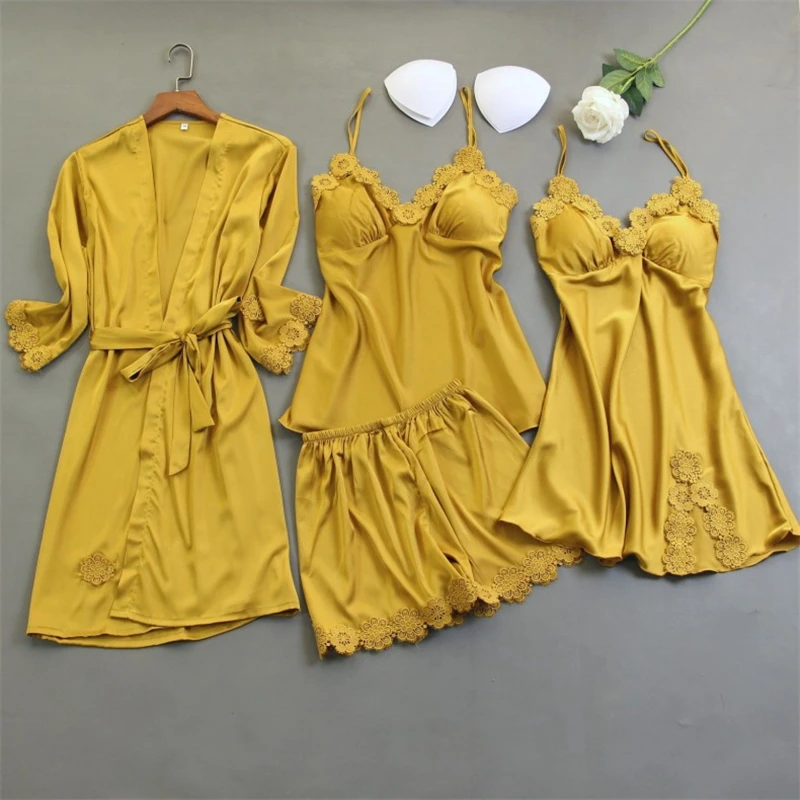 

Комплект пижамный женский атласный из 5 предметов, элегантный комплект для отдыха, одежда для сна с подушечками для груди, весна-лето