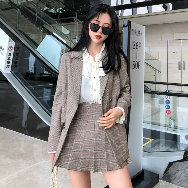 Женские костюмы жакет юбка и брюки комплект из 3 предметов клетчатый свободный