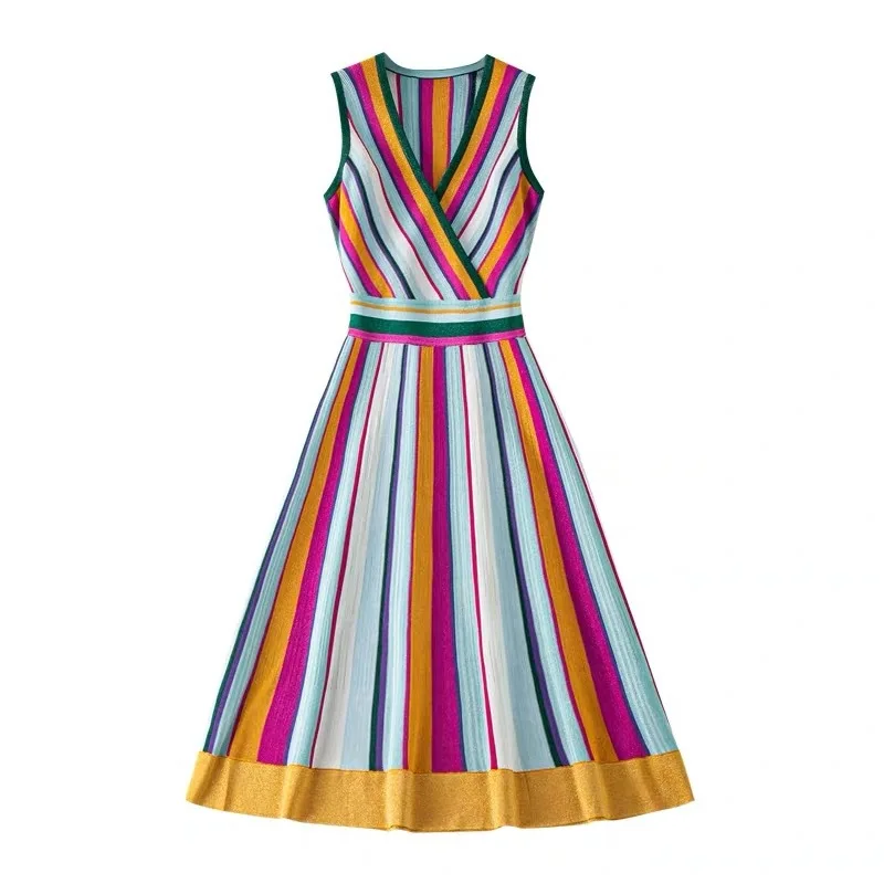 

Micosoni High Quality 2020 Summer New Contrast Rainbow Vertical Striped V-neck Holiday Sweater Dress Sleeveless England Style