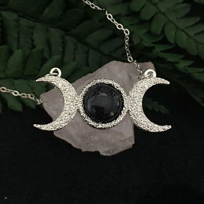 Посеребренное ожерелье с тройной луной женская Ведьма богиня Геката Тройная