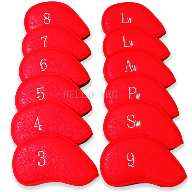 

12Pcs/Set Golf Club Iron Head Covers 12pcs34,5,6,7,8,9,P,S,ALWLWBlank Red Velcro Closure PU Leather