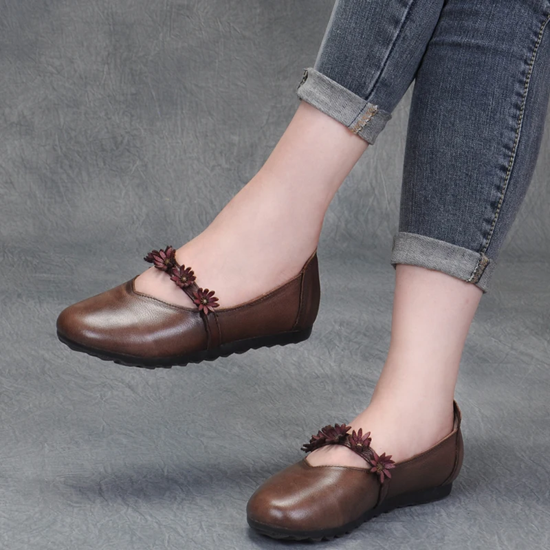 

GKTINOO Spring Fashion Women Slip On Flat Loafers Genuine Cow Leather Casual Flats Shoes Women Round Toe Flowers Moccasins Shoes