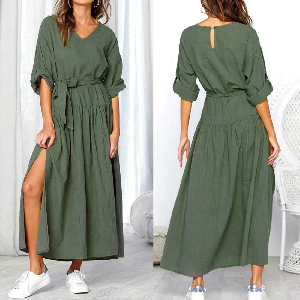 Women Long Sleeve Dress Side Split Vintage V Neck With Sashes Vestidos De Festa Loose Long Fashion Femme Slit Ladies Shirt Dress