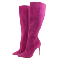 suede rose red high heel shoes woman pointed toe thin heels knee high boots lady dress shoes stiletto heel slip on boots