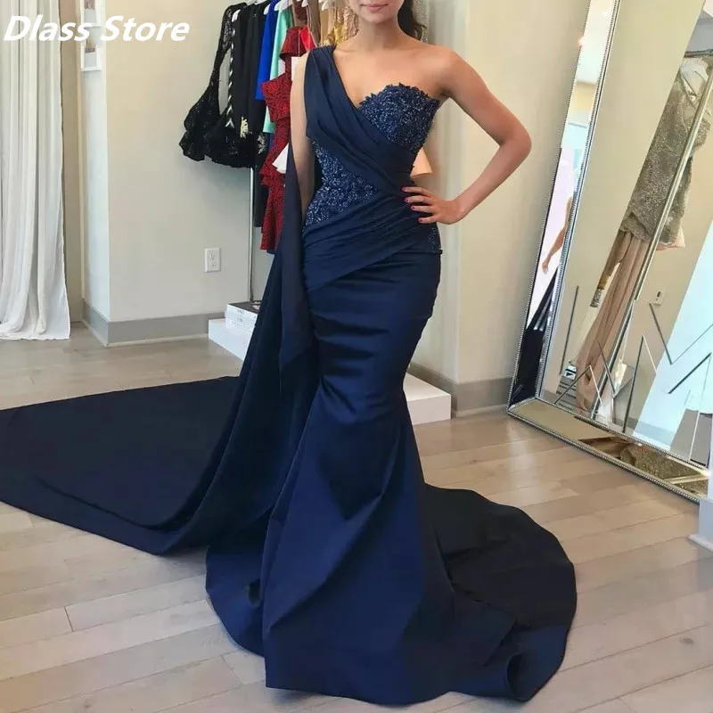 

Dlass Store Elegant One Shoulder Long Evening Dresses Train Lace Satin Prom Gowns Formal Woman Party Robe De Soiree Plus Size