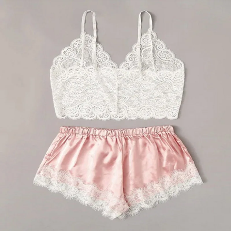 Sale Floral Lace Cami Top With Satin Shorts Lingerie Set Women Summer Sexy Sets Ladies Bra And Panty Sleepwear Pajama suit