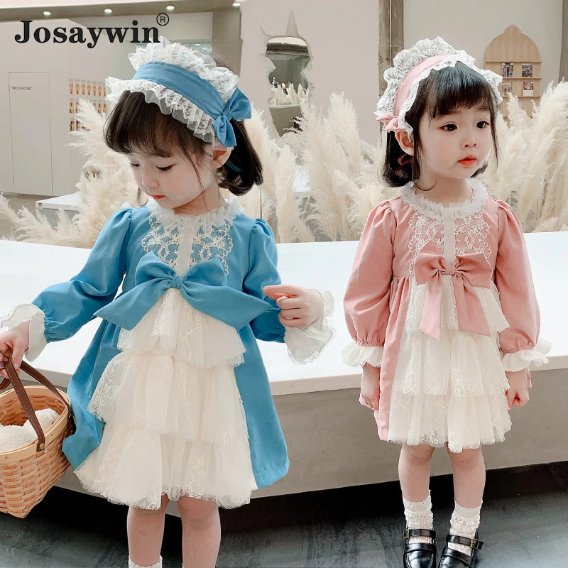 

2021 Spring Autumn Dress for Girls Baby Long Sleeve Wedding Dress Girl Lolita Mesh Bow Student Girl Princess Party Vestidos