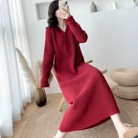 2021 high quality korean version of the autumn and winter long v neck knitted padded dress loose and thin with a sweater dresses
