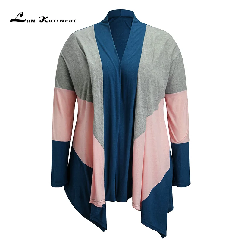 

Lan Karswear 2019 Winter Autumn Long Sleeve Cardigan Knitted Women Jacket Tops Color stitching Plus Size Coats Casual Ladies