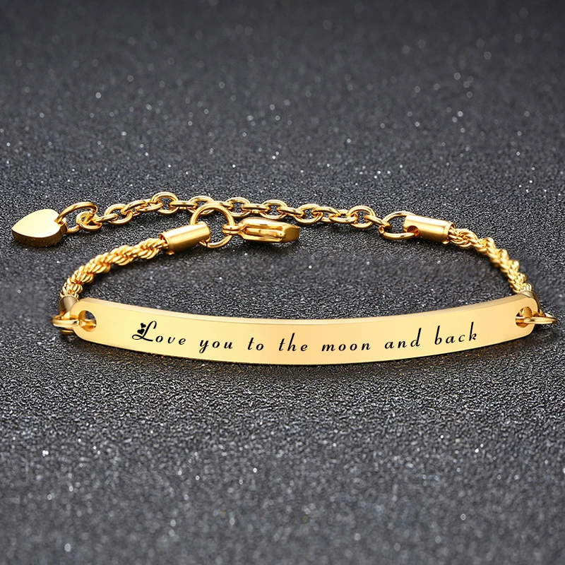

Custom Inspiration Women Bar Bracelet Stainless Steel Name Date Engraved Rope Chain Female Bangle Adjuastble Friendship Gifts