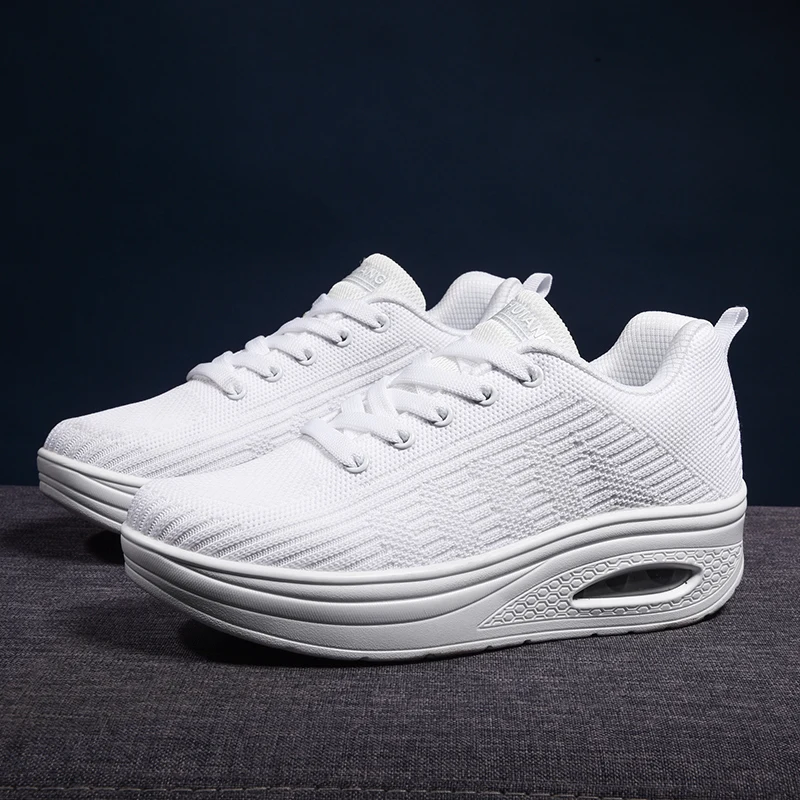 Women Running Shoes Height Increasing Platform Sneakers Woman Breathable Air Cushion Lace-up Slimming Shoes