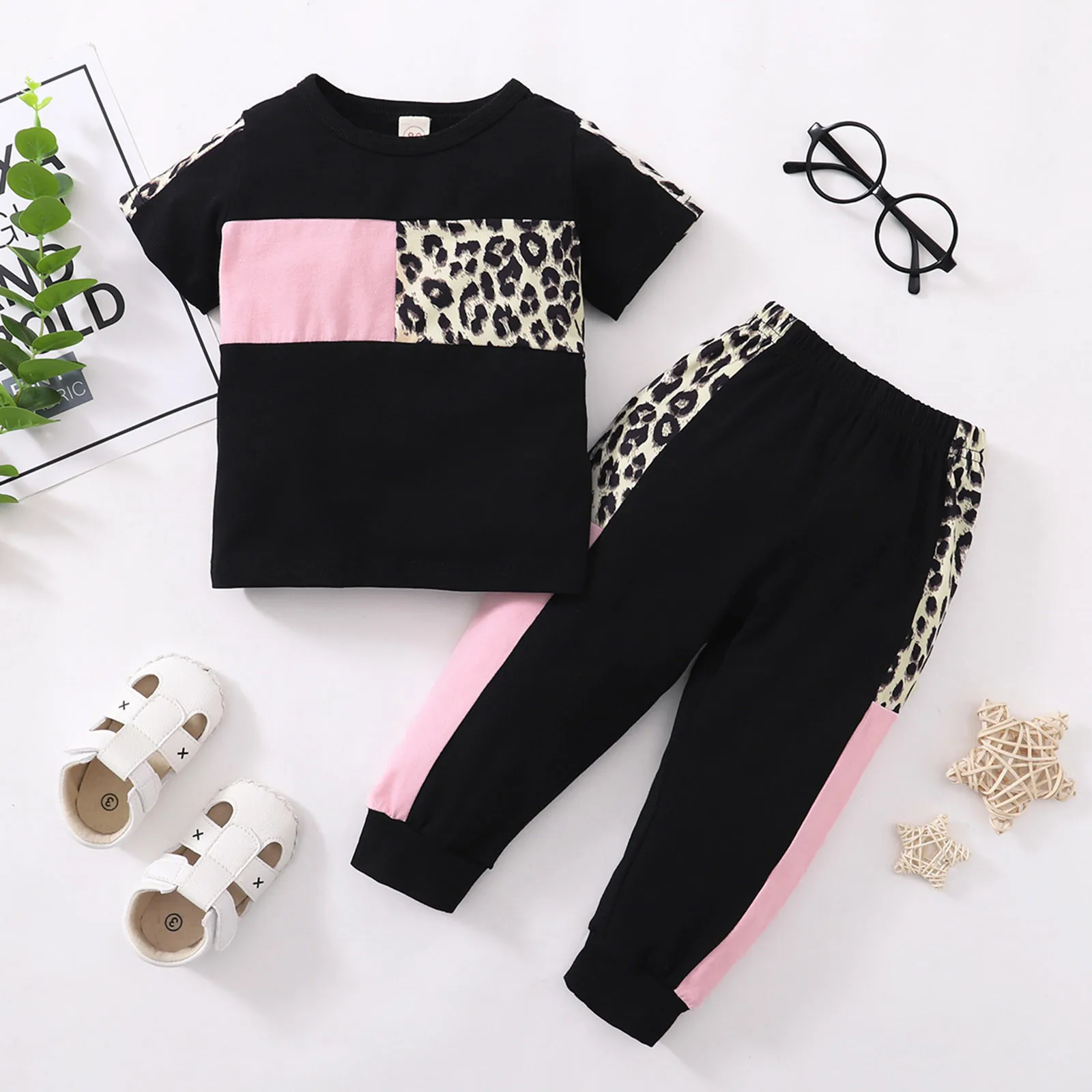 

New Summer Baby Clothes Toddler Baby Boys Girls Clothes Set Short Sleeve Leopard Printed Tops+Pants Sports Outfits Kids Baby Set