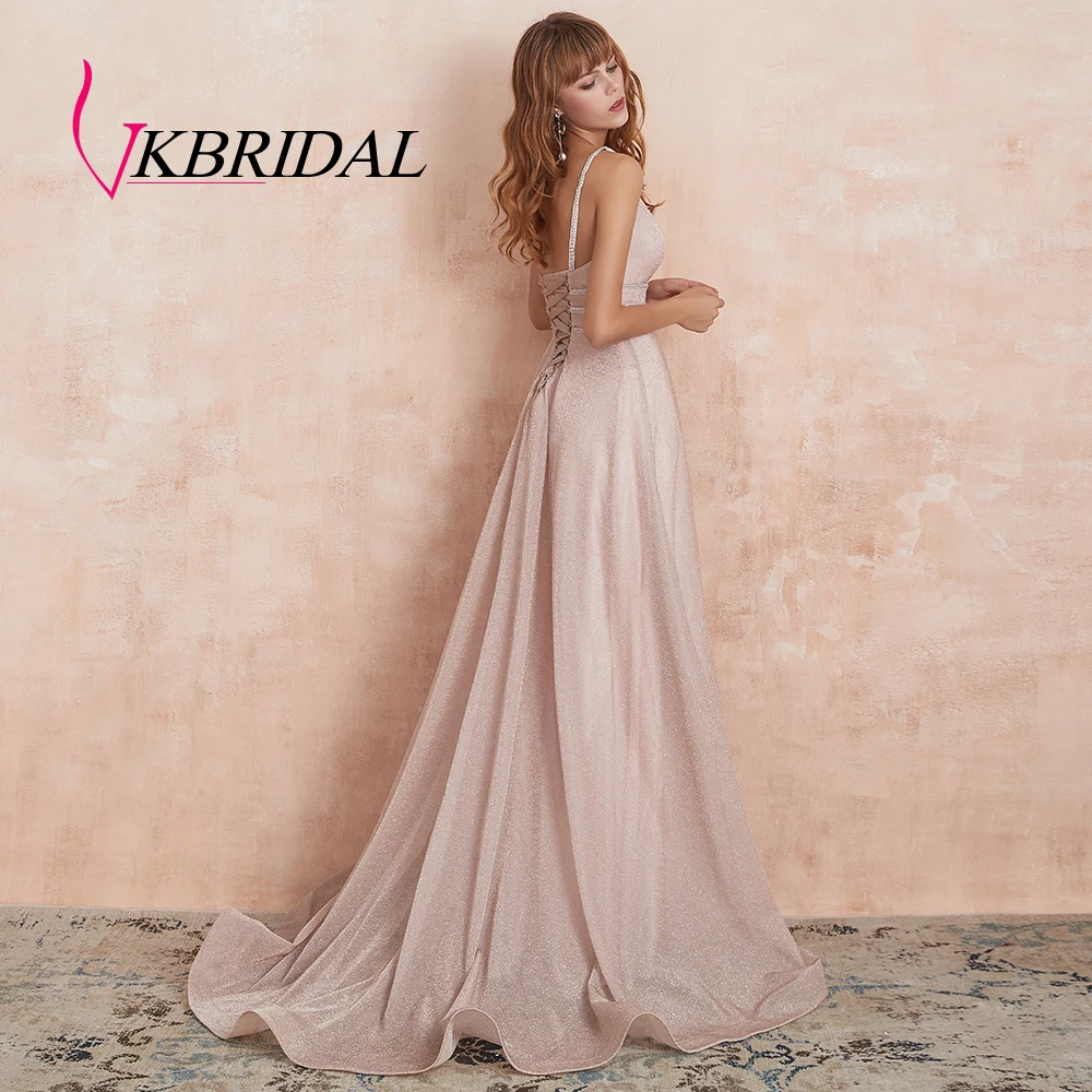 VKbridal сексуальное вечернее платье с v-образным вечернее платье ТРАПЕЦИЕВИДНОЕ Сверкающее платье для выпускного вечера Длинные вечерние платья со стразами реальное изображение