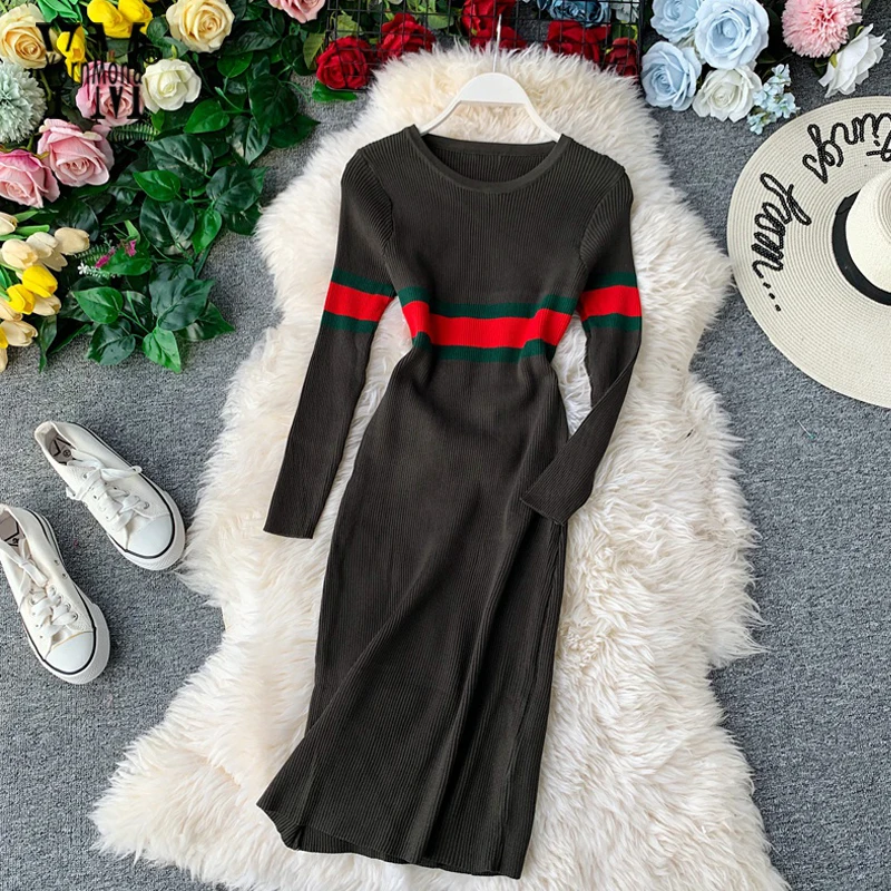 Женское трикотажное платье с круглым вырезом новинка 2019 Осеннее и зимнее