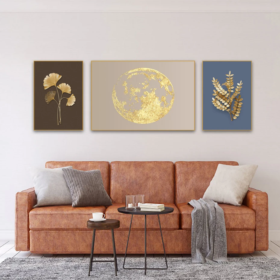 Холщовая живопись золотые листья гинкго Золотая фольга настенное искусство