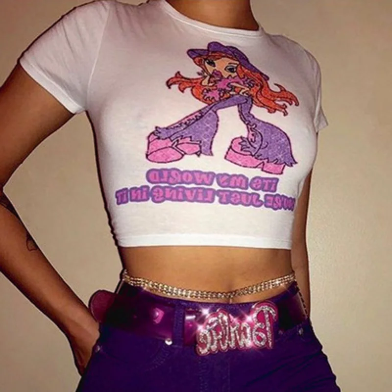 

Сексуальный пуловер с круглым вырезом, футболка с мультяшным принтом, летняя одежда y2k с коротким рукавом, милый и тонкий белый винтажный пу...