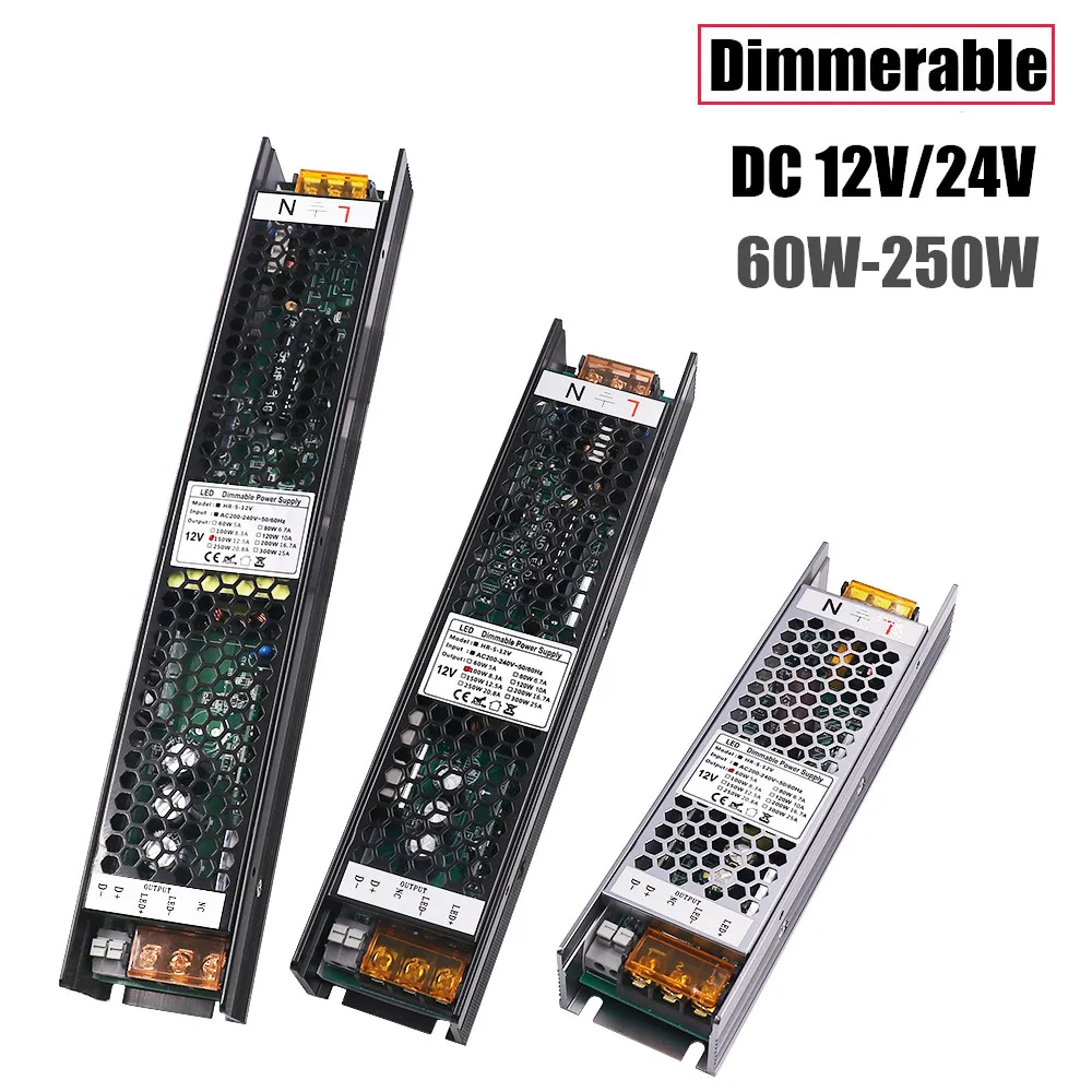 Ультра тонкий светодиодный Питание 220V DC/DC 12V 24V LED трансформаторы 25 Вт 60 100W 150W 200W 250W