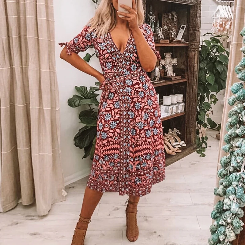 Платья с запахом TEELYNN 2021 летние платья из искусственного шелка Красные цветочным