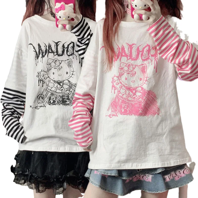 

Sanrioed Kawaii мультфильм японская моя мелодия Kuromi Cinnamoroll Kt Cat Jk поддельные две футболки с длинным рукавом Топ для девушек Подарок