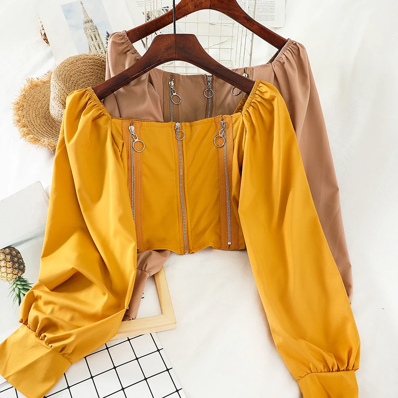 

Кроп-Топ женский с длинным рукавом, белая шифоновая блузка на молнии, рубашка в Корейском стиле, пикантная блузка с квадратным вырезом, руба...