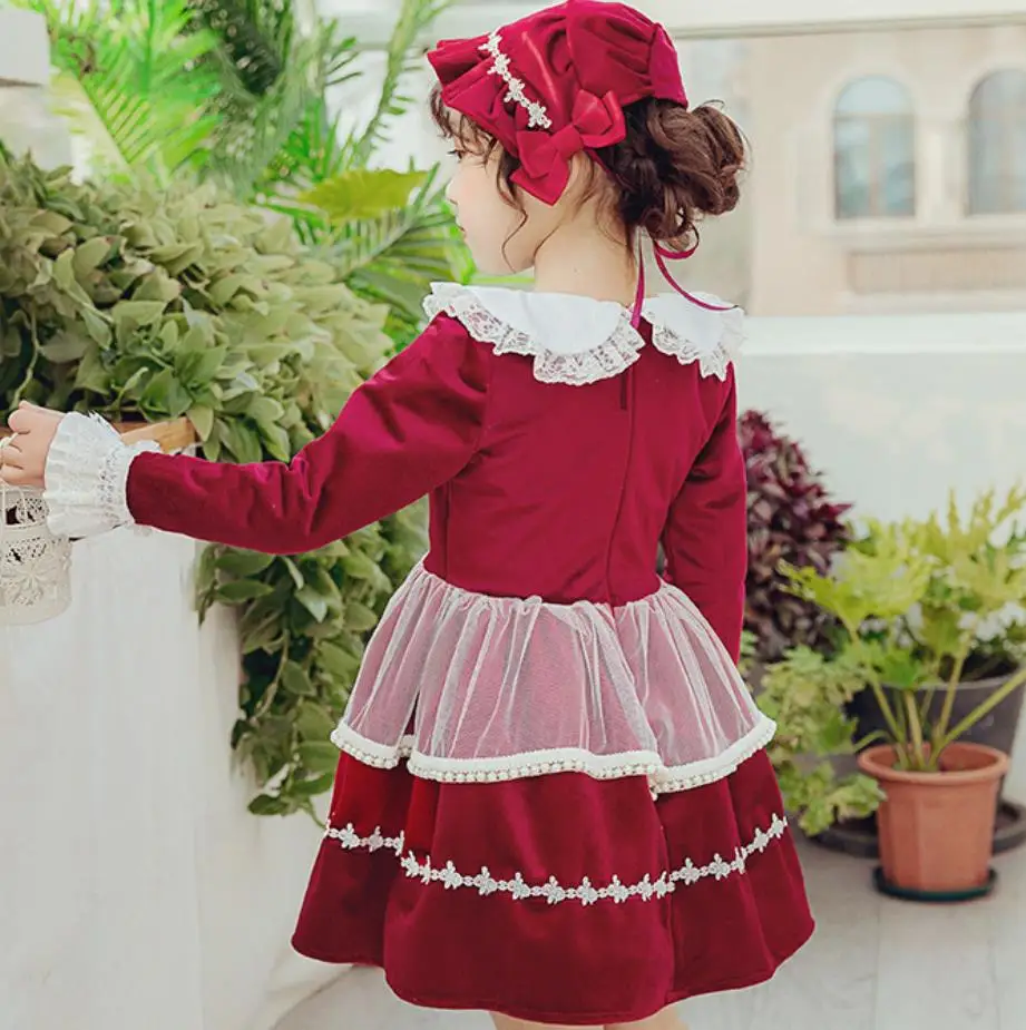 

Baby Girl Autumn Winter Red Velvet Vintage Spanish Turkey Lolita Princess Ball Gown Dress for Girl Christmas Casual