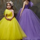 Пышное желтое платье для девочки, Новые блестящие платья на одно плечо с цветочным принтом для девочки на свадьбу, детские платья принцессы для дня рождения